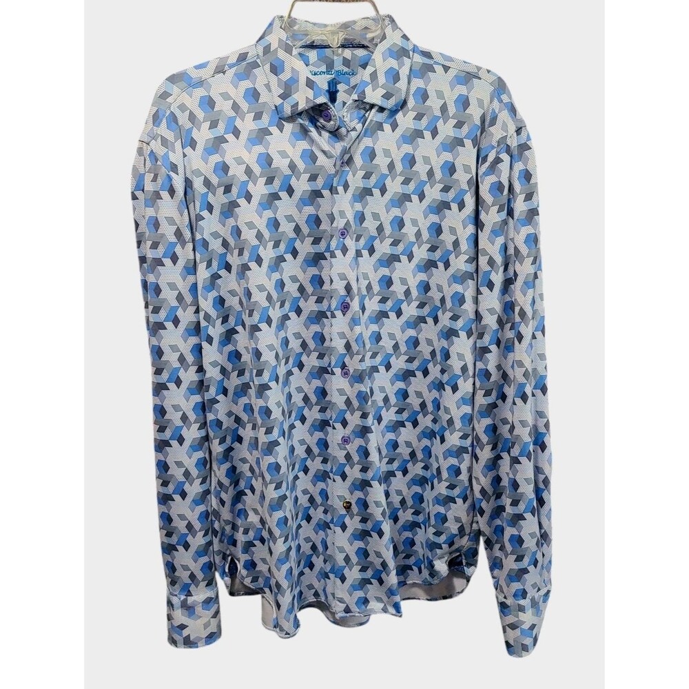 Luchiano Visconti Black Shirt Men's L Blue Geometric Long Sleeve Silky Stretch